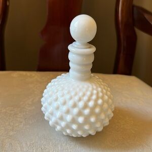 Vintage Fenton Hobnail white milk glass corked perfume bottle, decanter